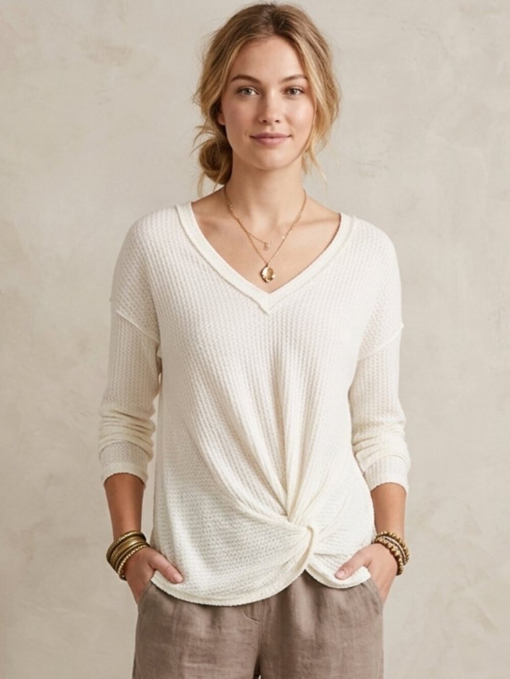 Anthropologie Akemi + Kin Women's XL Cream Waffle Knit Twist Front V-Neck Top